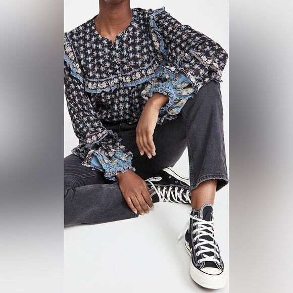 Free People Peasant Sleeve Ruffle Blouse Button Down XS - Picture 2 of 12